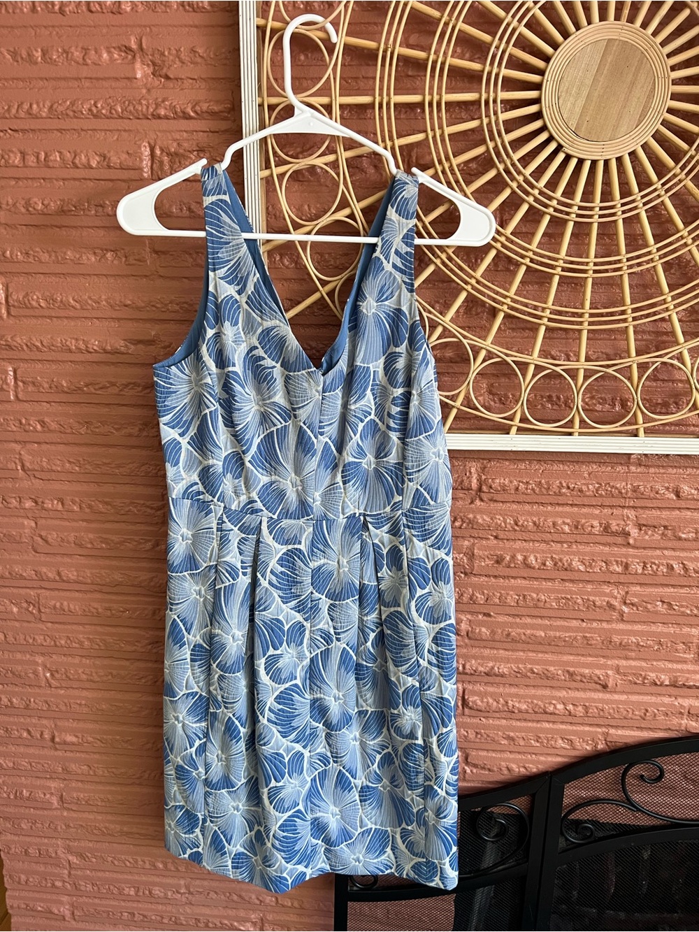 Anthropologie Blue and White Floral V-Neck Pleated Mini Dress